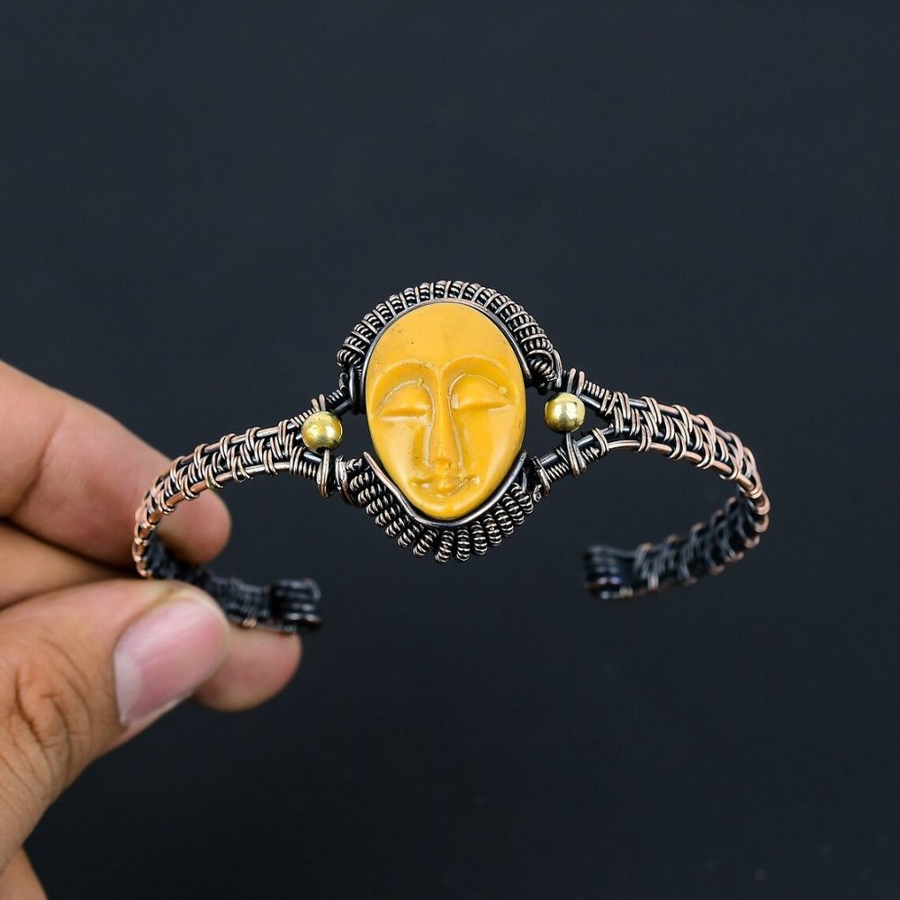 Carved  Face Bangle Copper Cuff Bracelet